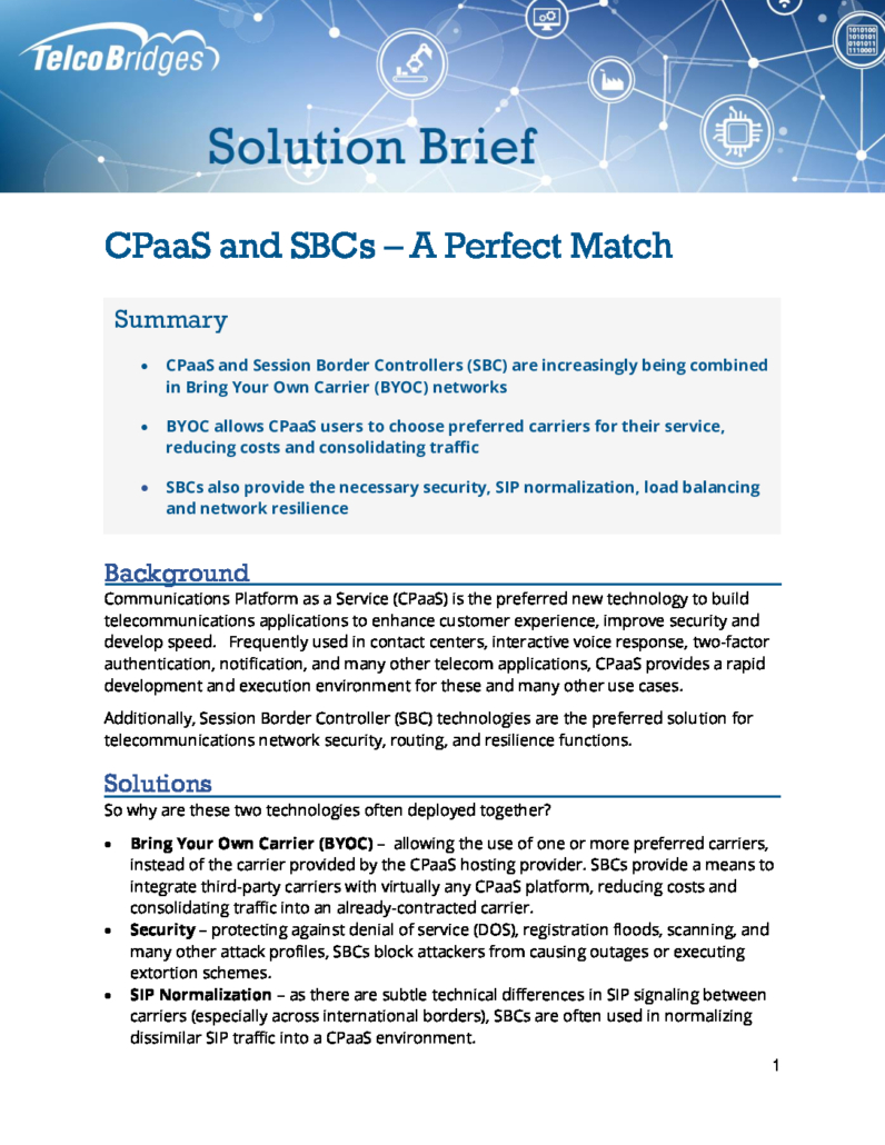 CPaaS and SBCs Solution Brief - first page preview