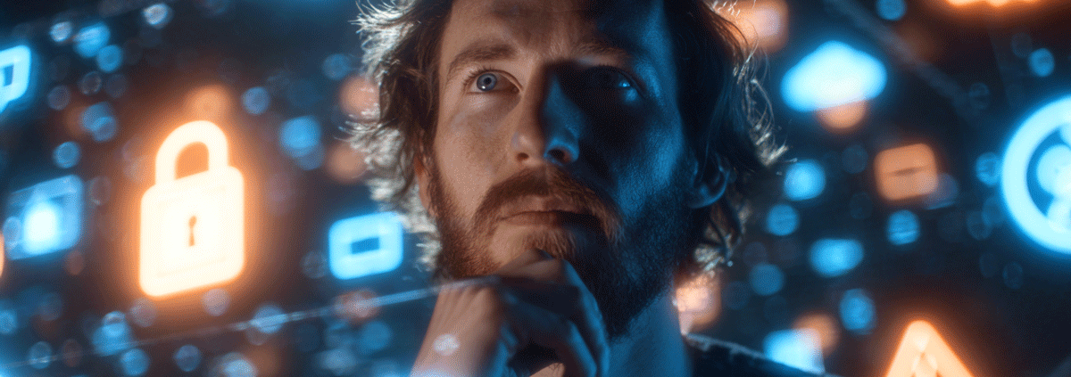 A thoughtful engineer stands surrounded by glowing holographic icons—a padlock, a shield, a cloud, and a warning triangle. The icons shine in neon blue and orange, casting reflections on the engineer’s face, with faint digital network lines in the dark background.