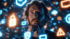 A thoughtful engineer stands surrounded by glowing holographic icons—a padlock, a shield, a cloud, and a warning triangle. The icons shine in neon blue and orange, casting reflections on the engineer’s face, with faint digital network lines in the dark background.