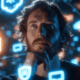 A thoughtful engineer stands surrounded by glowing holographic icons—a padlock, a shield, a cloud, and a warning triangle. The icons shine in neon blue and orange, casting reflections on the engineer’s face, with faint digital network lines in the dark background.