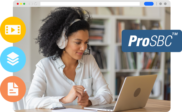 Online Training – Self-Paced - Image A lady looking at her laptop with the ProSBC logo.
