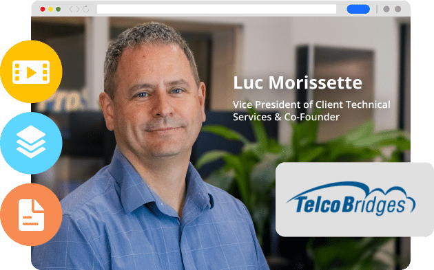 Meet our SBC training expert - Image - v3 VP of Client Technical Services & Co-Founder Luc Morissette with the TelcoBridges logo.