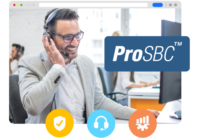 A man with a headset looking at a monitor with the ProSBC logo.