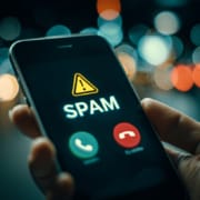 A hand is holding a cellphone. The incoming call is identified as spam.