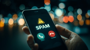 A hand is holding a cellphone. The incoming call is identified as spam.