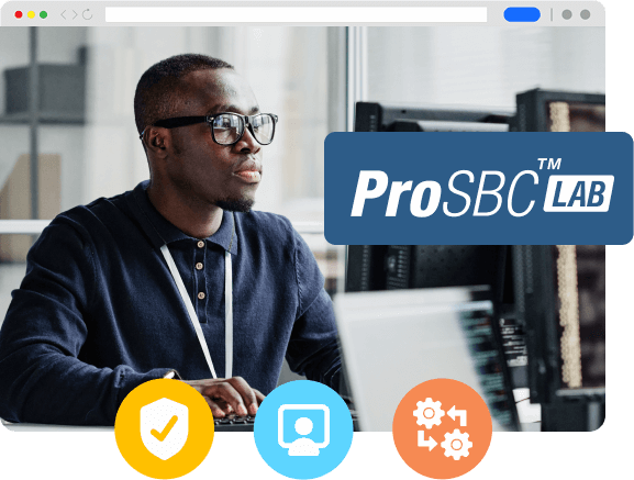 A man working on the computer with the ProSBC Lab logo