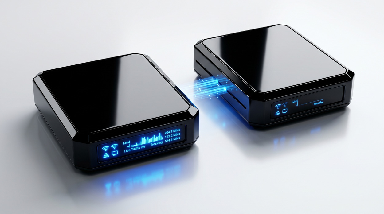 Active and standby SBC servers connected by a blue synchronization beam, illustrating VoIP high availability and failover architecture