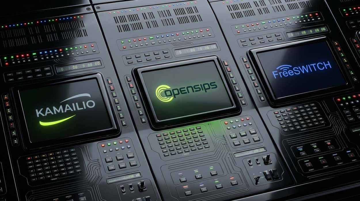 A technical control panel with three embedded screens displaying the Kamailio, OpenSIPS, and FreeSWITCH logos, representing a comparison of open source SIP platform options for voice network architecture