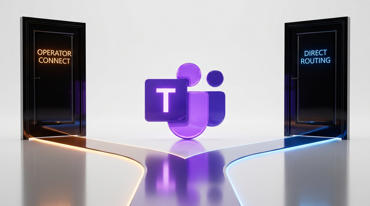 Microsoft Teams logo with two glowing paths leading to Operator Connect and Direct Routing doors, illustrating the choice between the two Teams PSTN connectivity models
