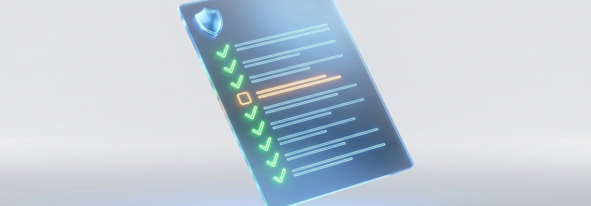 A holographic compliance checklist with green checkmarks and a shield symbol in the corner, representing the FCC Robocall Mitigation Program requirements for voice service providers