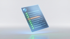 A holographic compliance checklist with green checkmarks and a shield symbol in the corner, representing the FCC Robocall Mitigation Program requirements for voice service providers