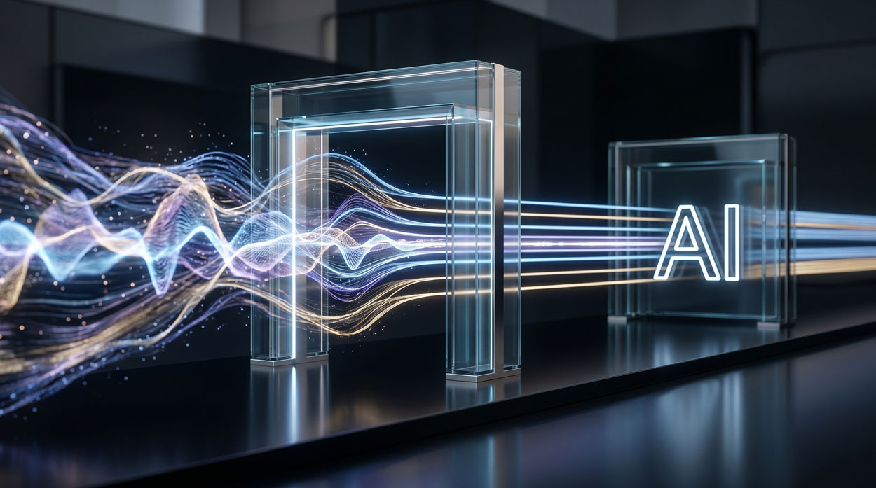 AI voice gateway visual showing voice signal streams passing through a secure SBC gateway into an AI platform.