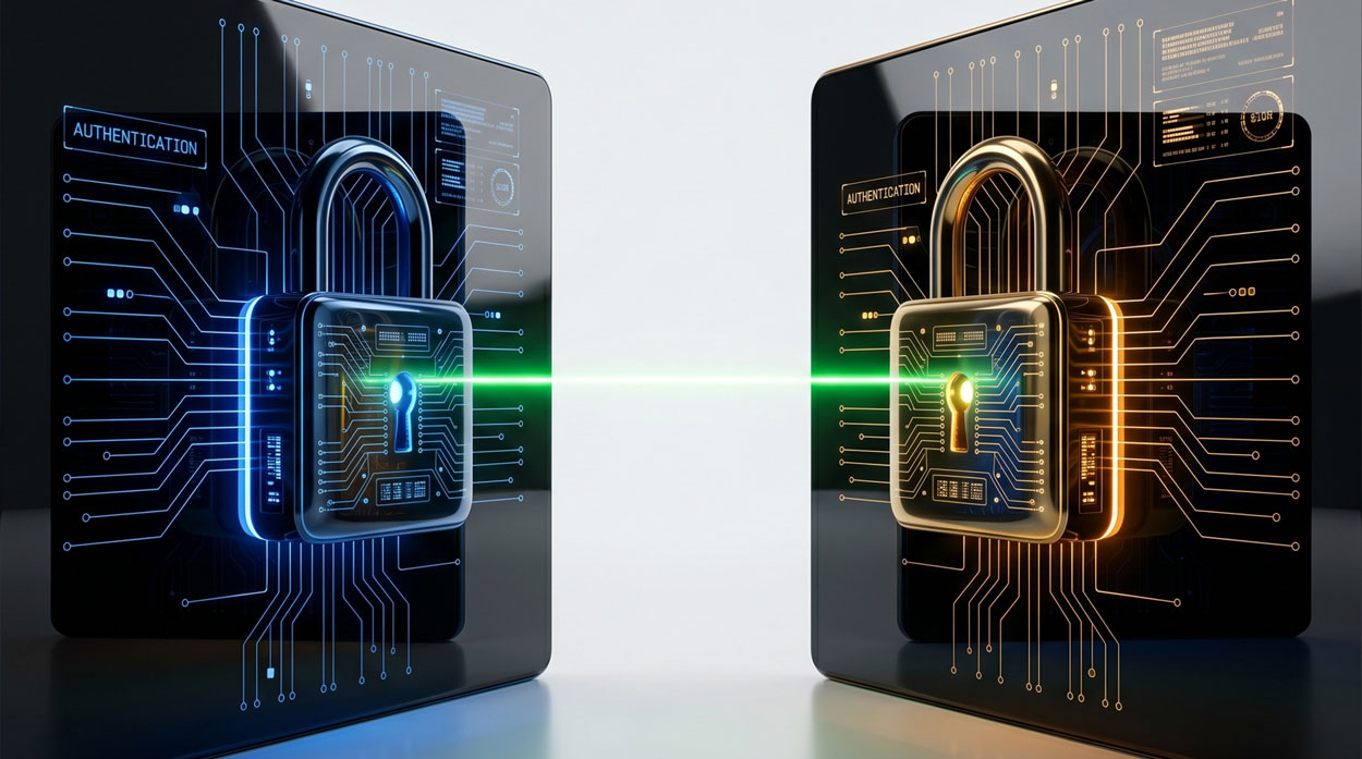 Two digital security panels with blue and gold padlocks connected by a green verified light beam, representing mutual TLS authentication between two SIP network peers
