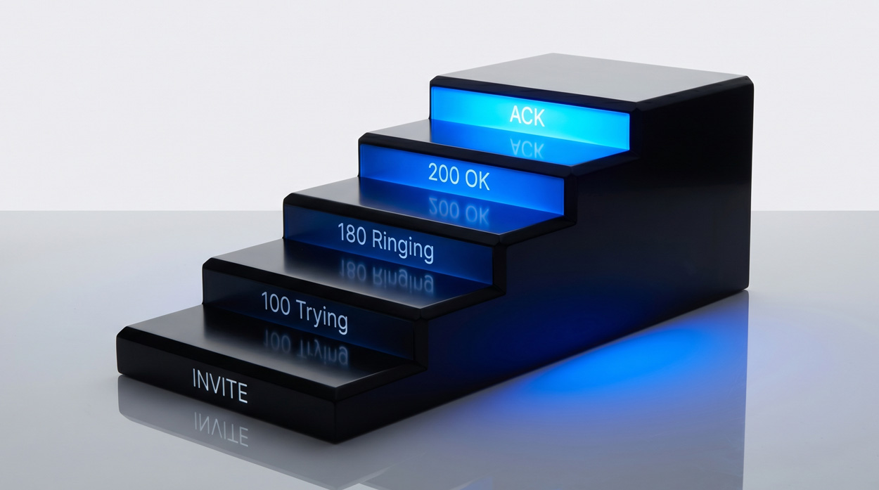 SIP call flow visualized as glowing communication steps showing VoIP message routing and call setup sequence.