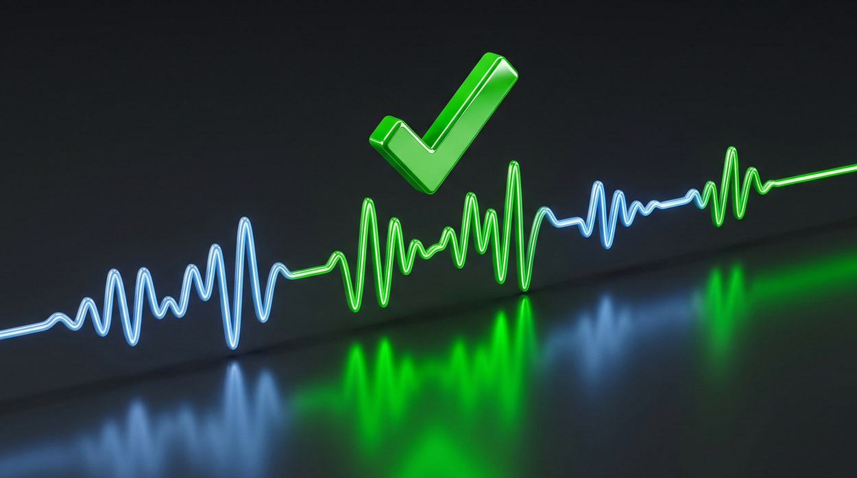 A voice biometric authentication waveform transitioning from blue to green with a glowing checkmark at the verification point, representing voice identity matching and caller authentication