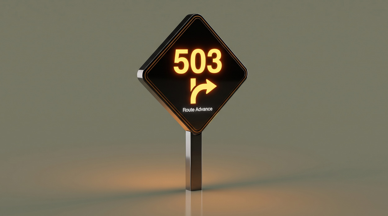 A futuristic traffic sign displaying 503 with a glowing amber detour arrow, representing SIP 5xx server error codes and automatic route advance failover in a voice network