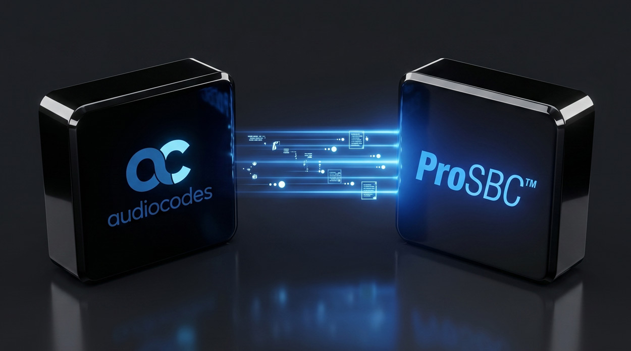 An AudioCodes Mediant device transferring configuration data to a ProSBC device via a glowing blue beam, representing the migration process from AudioCodes Mediant to ProSBC session border controller