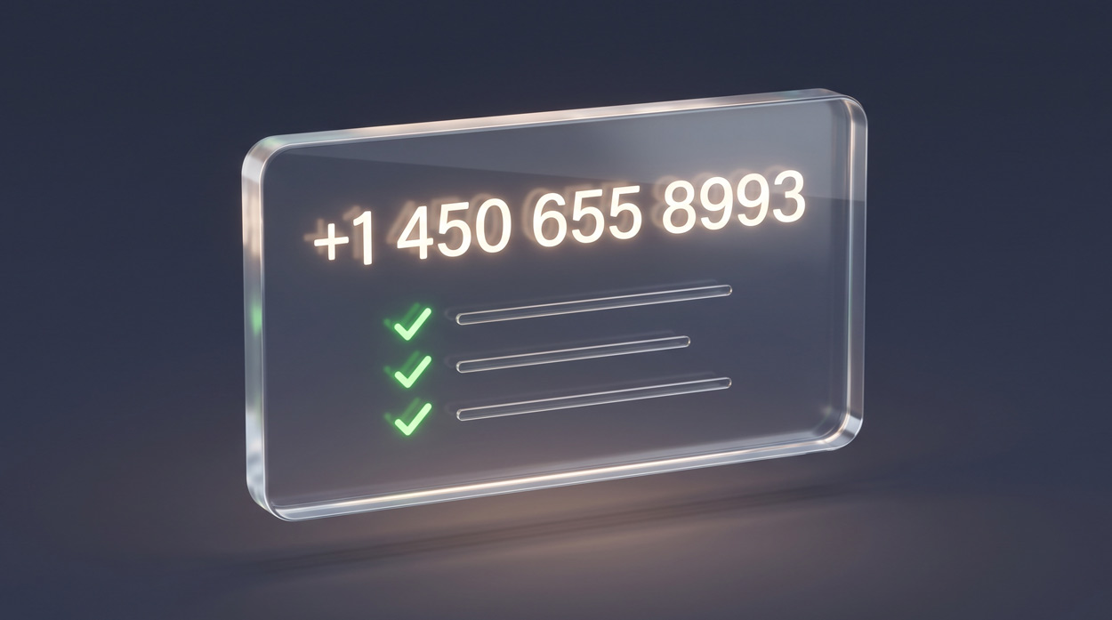A glass panel displaying the E.164 formatted phone number plus 1 450 655 8993 with green checkmarks below, representing phone number normalization and correct E.164 formatting across SIP trunks