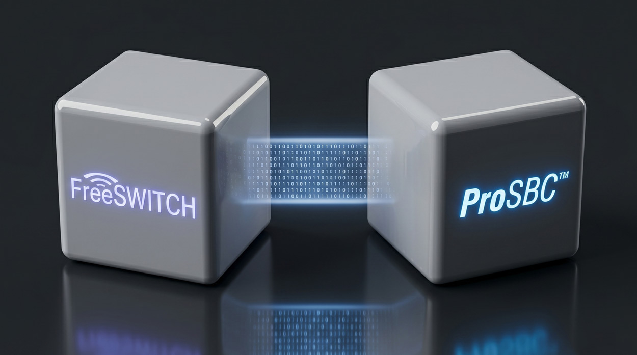 Un cubo de FreeSWITCH y un cubo de ProSBC conectados por una onda fluida de unos y ceros digitales, representando tráfico SIP que pasa entre FreeSWITCH y un controlador de borde de sesión en el perímetro de la red