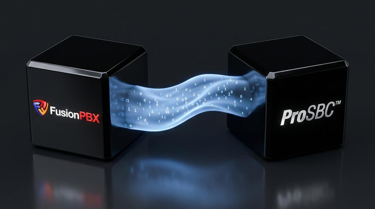 A FusionPBX cube and a ProSBC cube connected by a flowing stream of digital ones and zeros, representing SIP traffic passing between FusionPBX and a session border controller in a multi-tenant hosted PBX deployment
