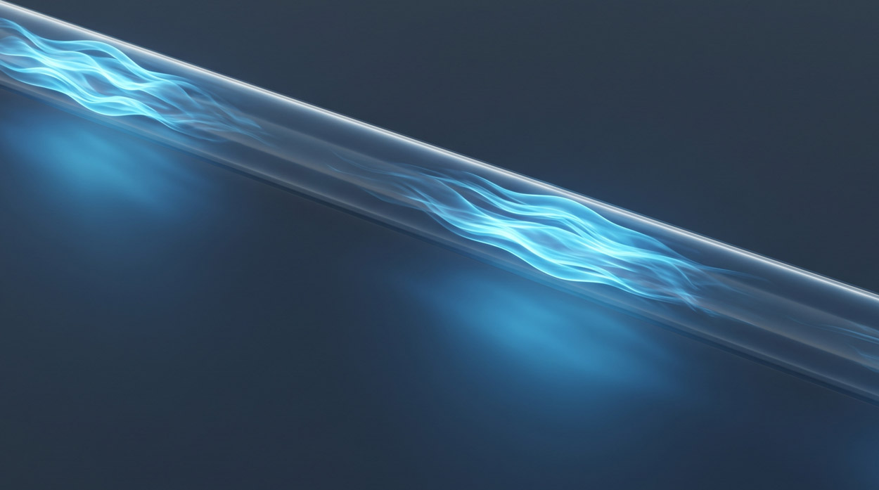 A translucent tube carrying uneven waves of glowing blue holographic light in dense clusters and sparse gaps, representing VoIP jitter and irregular packet timing on a voice network