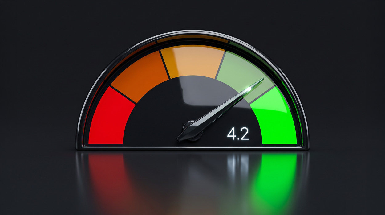 Un indicador futurista de calidad de voz con una aguja apuntando a 4.2 en una escala de colores de rojo a verde, que representa la medición Mean Opinion Score MOS para la calidad de llamadas VoIP
