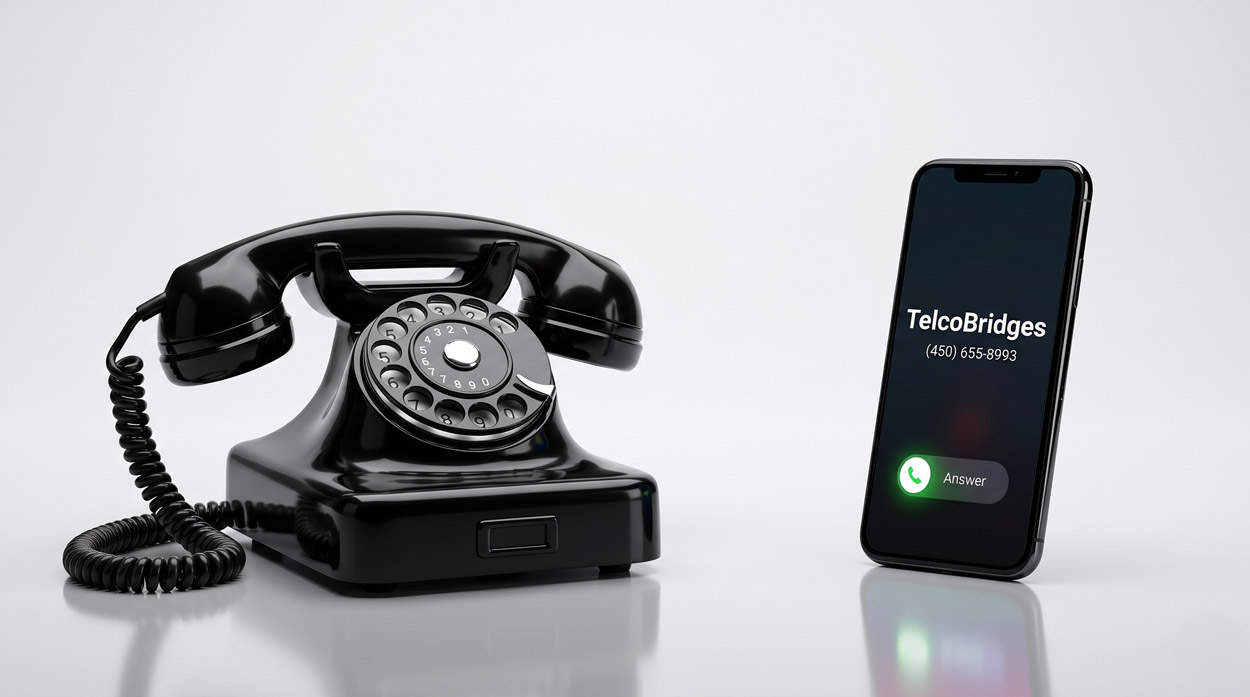 A classic rotary phone and a modern smartphone displaying an incoming TelcoBridges call side by side, representing the migration from the legacy PSTN to modern IP voice networks