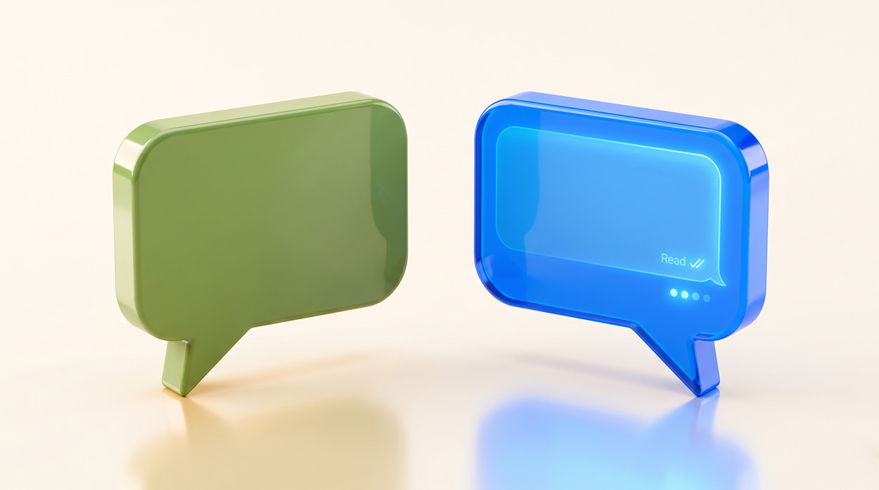 A green SMS speech bubble and a blue RCS speech bubble side by side, representing the difference between legacy SMS text messaging and Rich Communication Services on modern carrier networks
