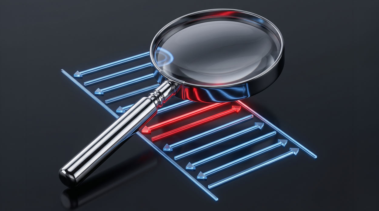 A magnifying glass hovering over a SIP ladder diagram with one red message highlighted among blue arrows, representing the process of reading a SIP trace to identify a call failure point
