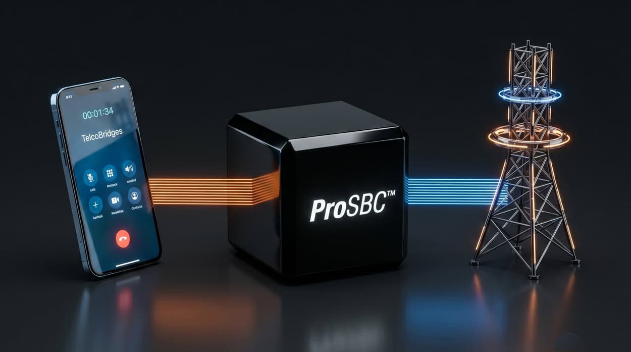 A smartphone with an active call, a ProSBC cube, and a carrier tower connected by glowing beams, representing an MVNO session border controller bridging mobile and carrier networks