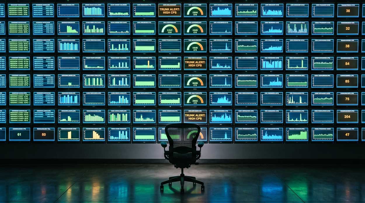 A single operator chair facing a towering wall of voice network monitoring screens, representing a self-hosted SBC deployment managed by a small VoIP provider engineering team