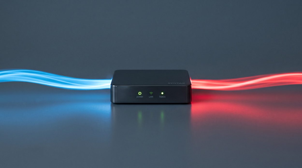 A clean blue signal beam passing through a router and emerging corrupted in red, representing how SIP ALG corrupts VoIP signaling and causes call quality problems on business networks