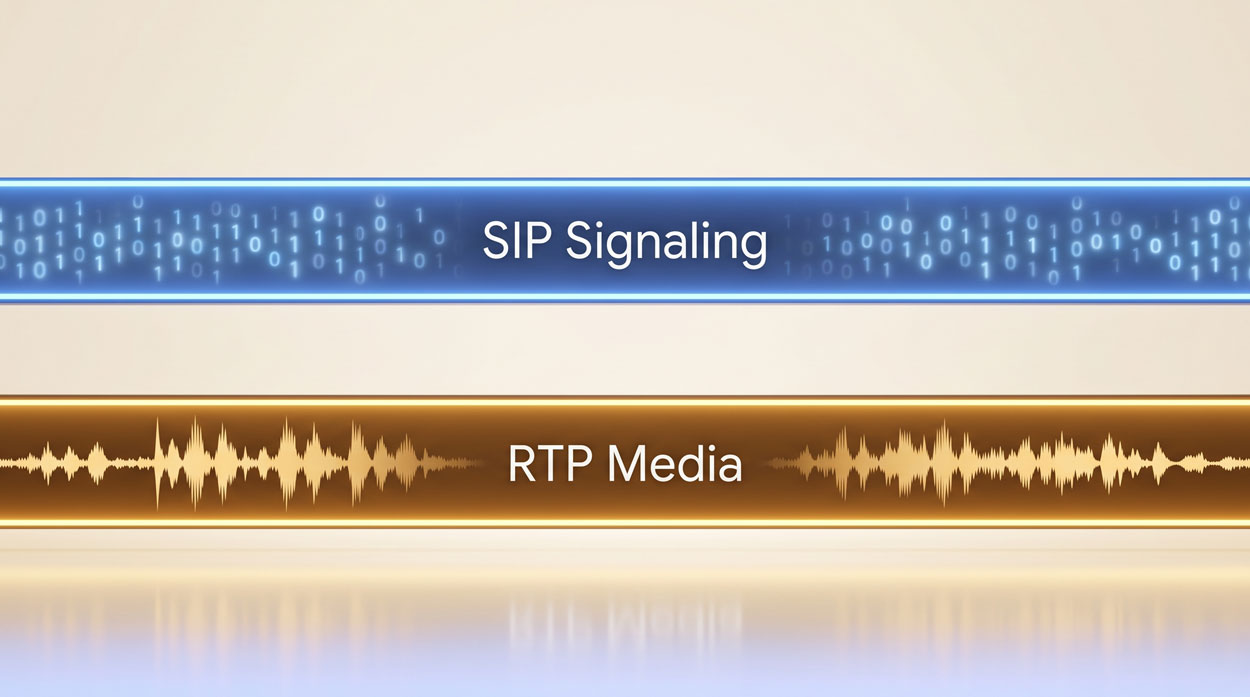 Two parallel flowing strips labeled SIP Signaling and RTP Media in blue and amber, representing the separation between the SIP control plane and the RTP media plane in a VoIP voice call