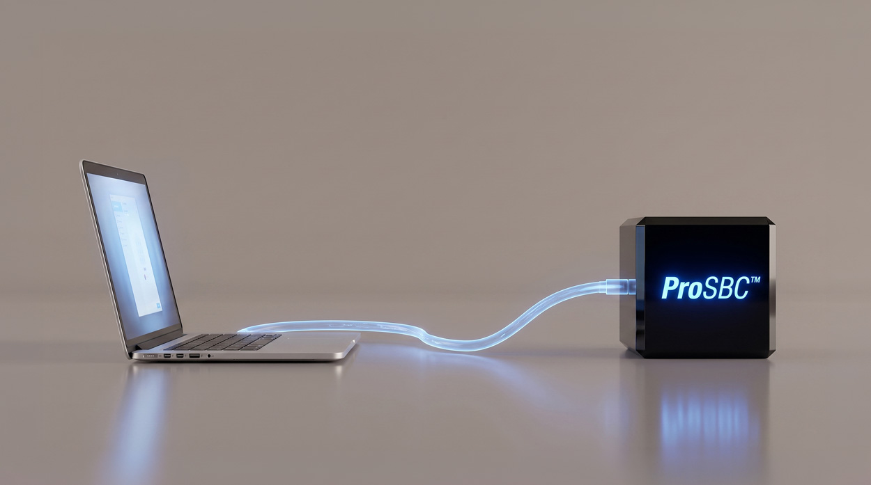 A laptop connected to a ProSBC cube by a glowing holographic cable, representing secure softphone registration and remote voice access through a session border controller