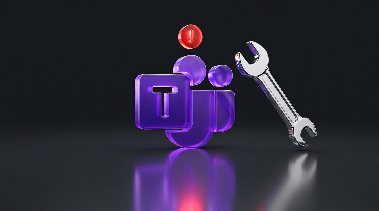 Microsoft Teams logo with a red warning indicator and a chrome wrench, representing Teams Direct Routing SBC troubleshooting for SIP OPTIONS failures and TLS errors