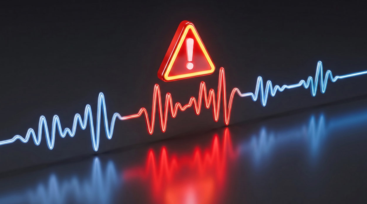 A glowing audio waveform transitioning from healthy blue to a distorted red fault section with an amber warning indicator above it, representing VoIP call quality troubleshooting and audio problem diagnosis on a voice network