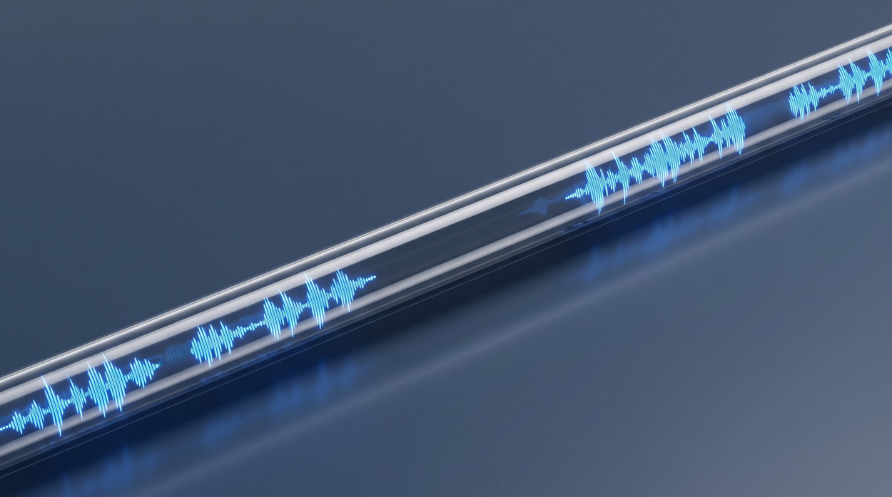 A continuous translucent tube carrying a glowing blue audio waveform with missing sections representing absent packets, illustrating VoIP packet loss and its effect on voice call quality