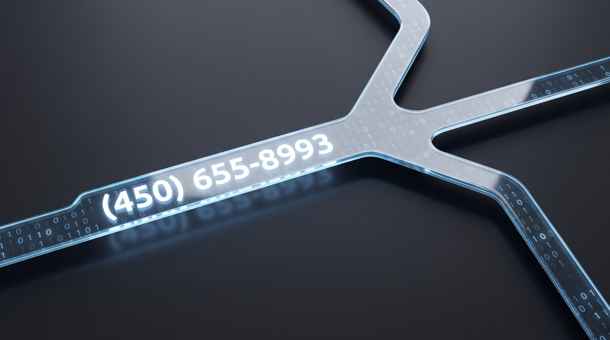A holographic circuit path carrying the phone number 450-655-8993 in glowing digits branching into multiple routes, representing VoIP DID routing and how a session border controller directs inbound phone numbers to their destinations