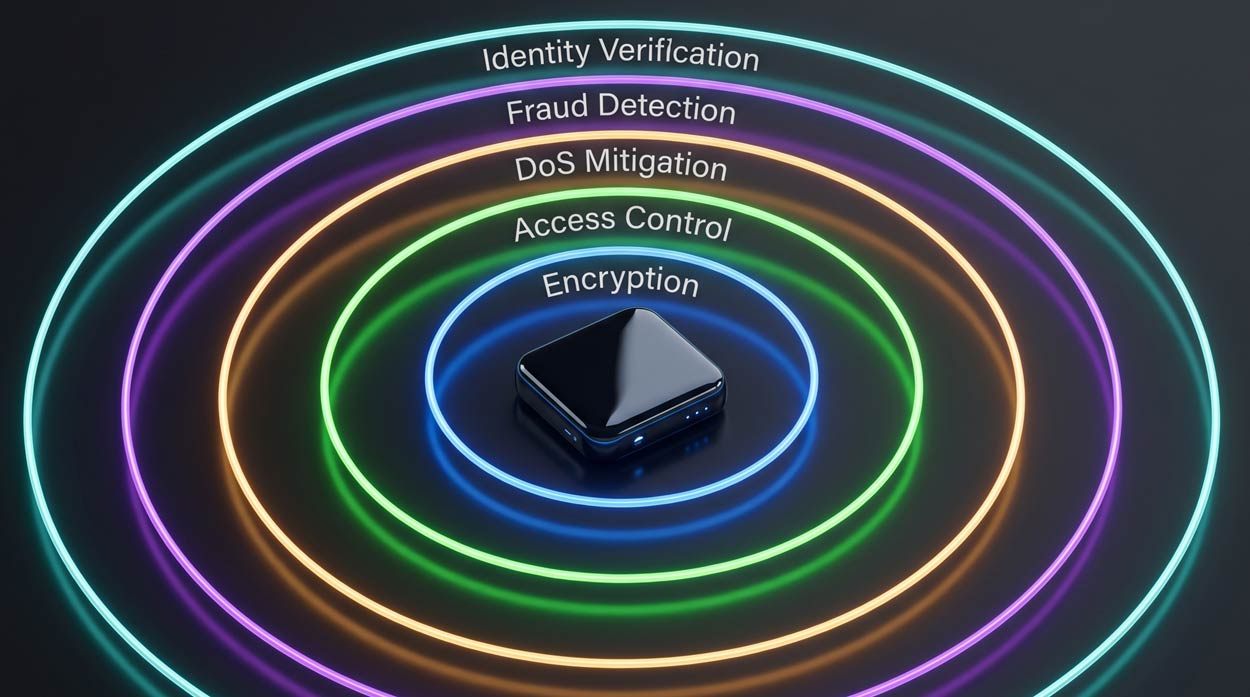 Five concentric protective rings labeled Encryption, Access Control, DoS Mitigation, Fraud Detection, and Identity Verification surrounding a central network device, representing the five-layer SBC defense against VoIP security threats