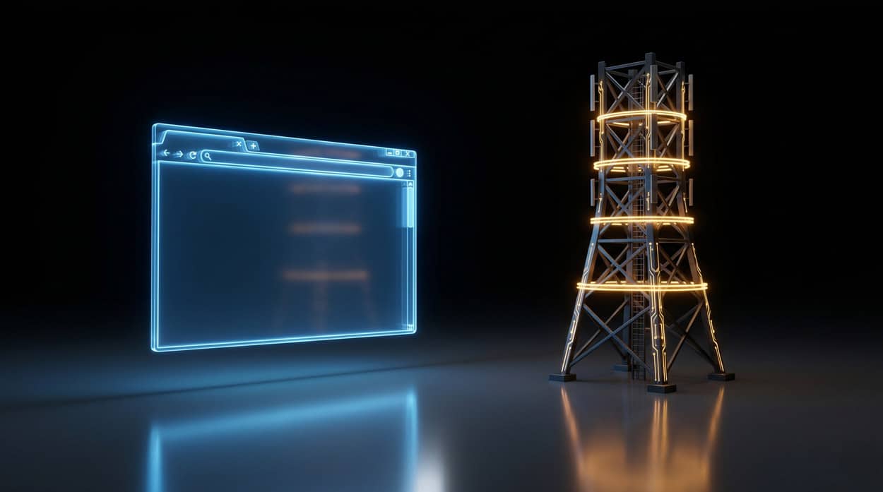 A translucent holographic browser window and a futuristic carrier tower side by side, representing the connection between WebRTC browser-based communication and SIP carrier networks