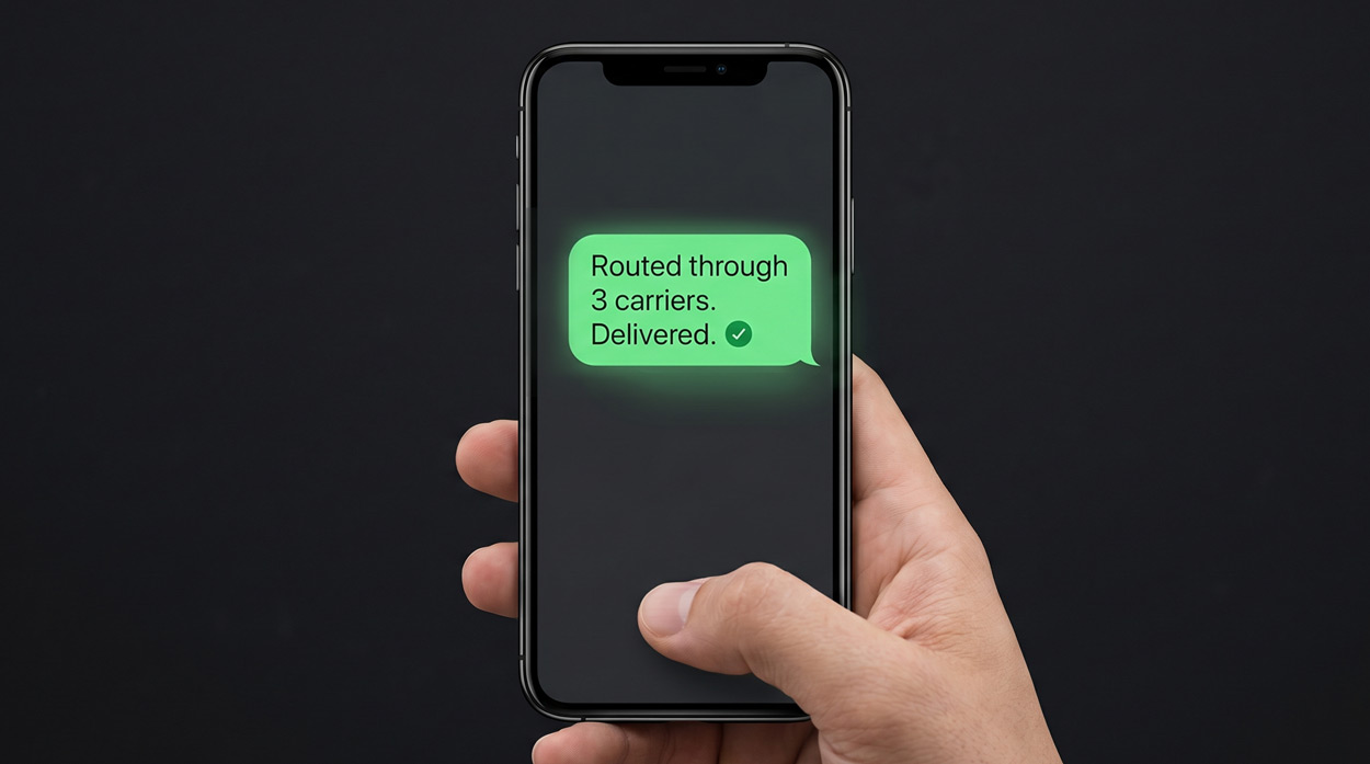 A hand holding a smartphone displaying a green SMS bubble reading 'Routed through 3 carriers. Delivered.' representing the journey of a text message across carrier networks and the SBC's role at the messaging border