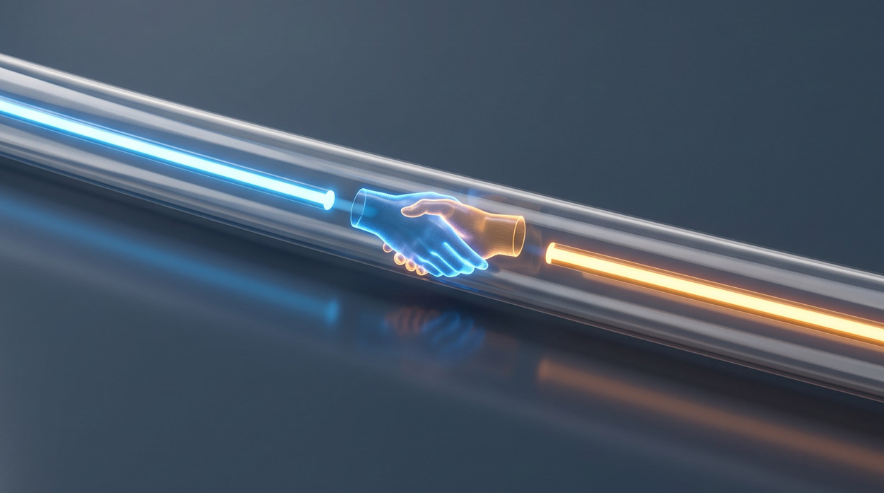 Two glowing beams of blue and amber light traveling through a translucent tube toward each other with holographic hands meeting in a handshake at the center, representing the DTLS key exchange handshake between two endpoints securing a VoIP media session