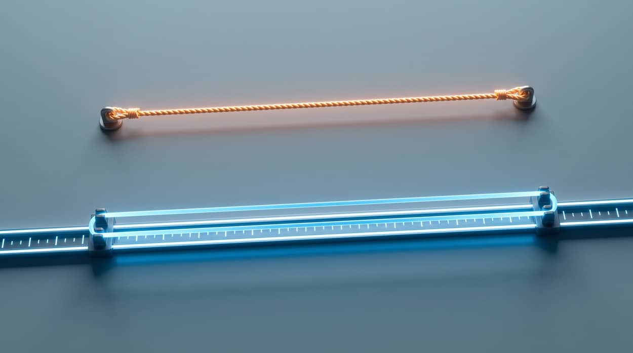 A fixed rope anchored between two points compared to an elastic band mounted on a digital track that extends beyond the frame, representing fixed SIP trunk capacity versus elastic SIP trunking that can scale on demand