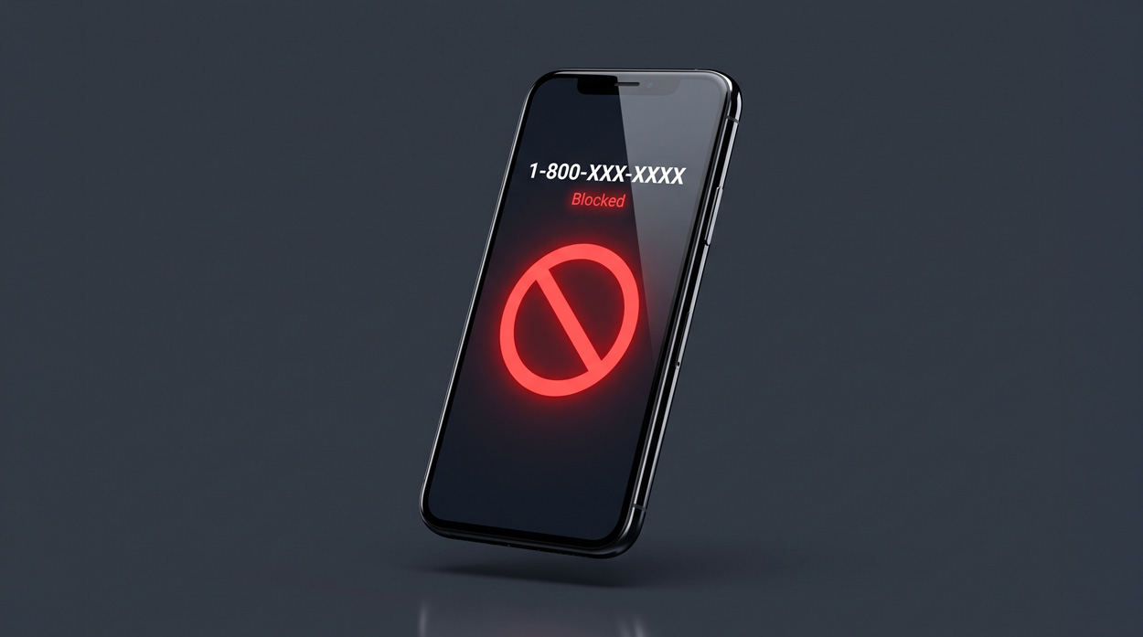 A smartphone displaying an incoming call from 1-800-XXX-XXXX with a red prohibition symbol and Blocked label, representing Do-Not-Originate list enforcement blocking a spoofed caller ID before the call connects