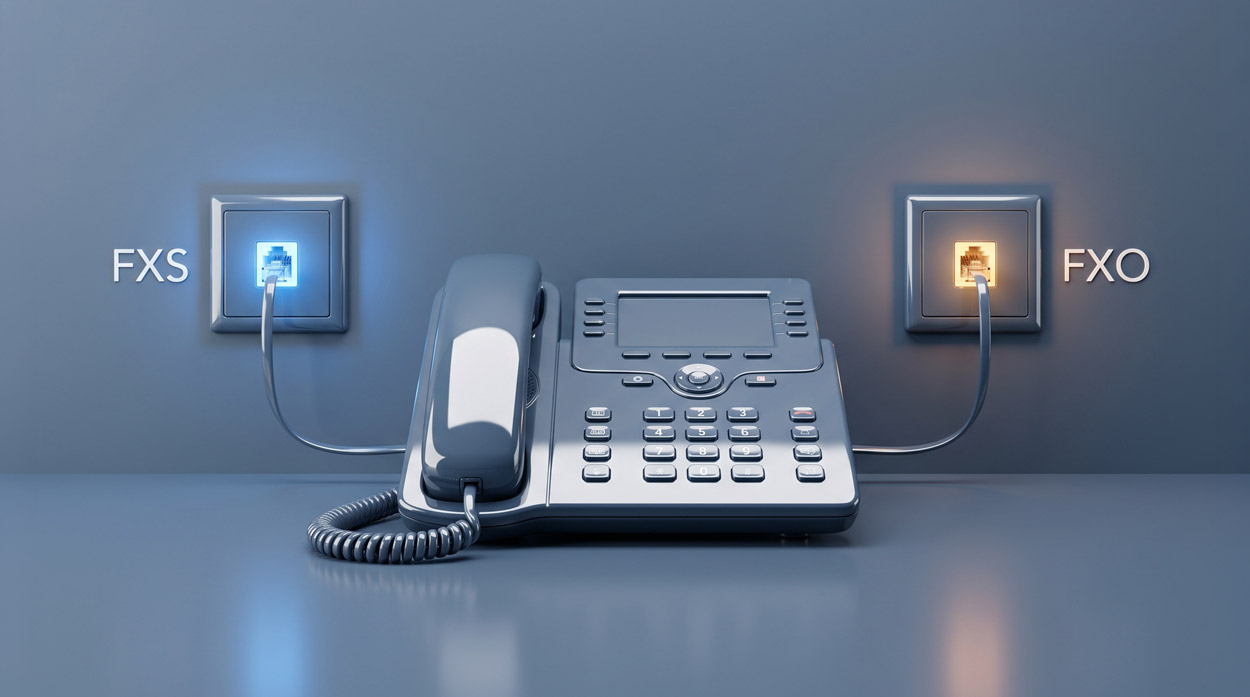 A modern call center desk phone positioned in front of a wall with two labeled RJ11 sockets, one marked FXS glowing blue and one marked FXO glowing amber, representing the difference between the dial tone providing and dial tone receiving analog telephone interfaces