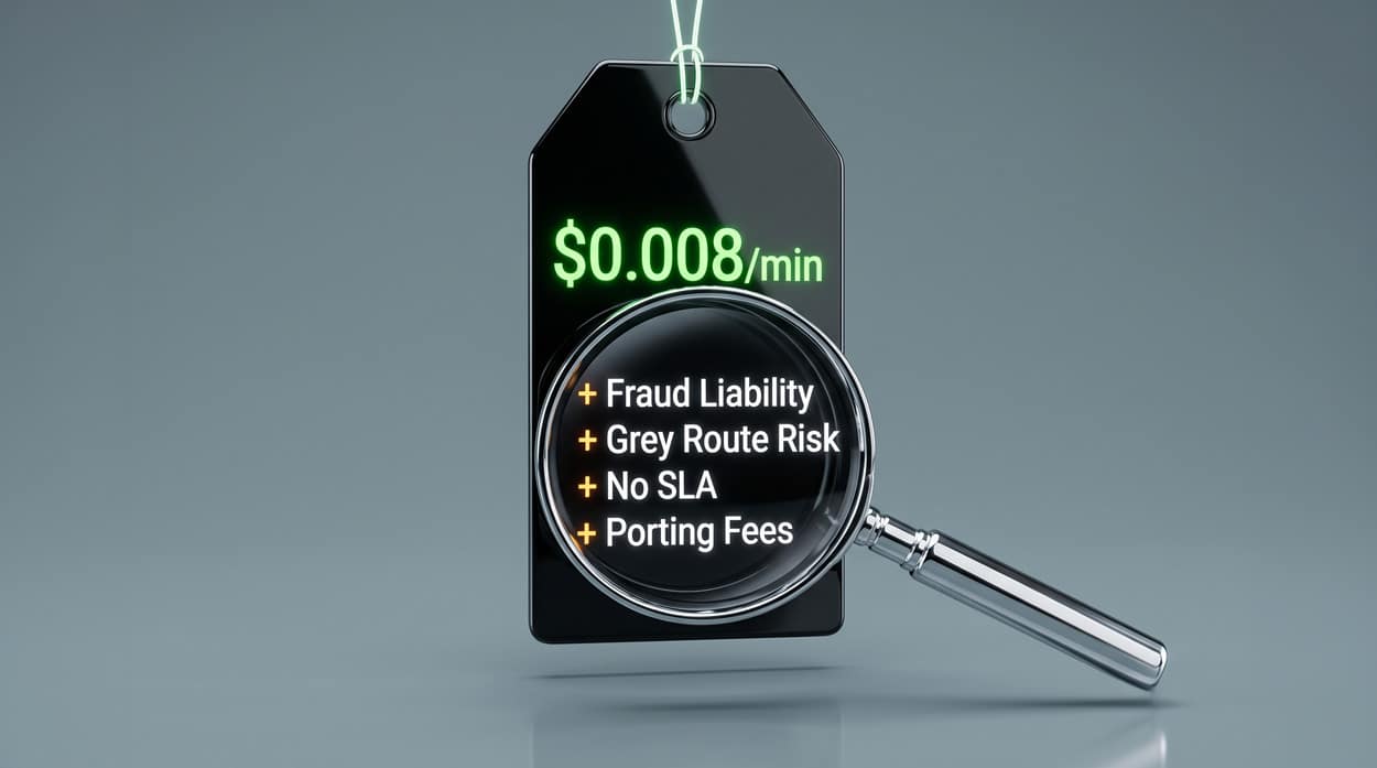 A low SIP trunk headline rate on a price tag with a magnifying glass revealing hidden costs including fraud liability, grey route risk, no SLA, and porting fees underneath