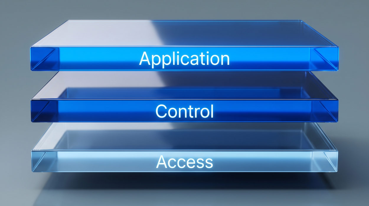 Three horizontal glowing layers labeled Access, Control, and Application stacked in ascending brightness, representing the three-plane IMS architecture with the application server at the top