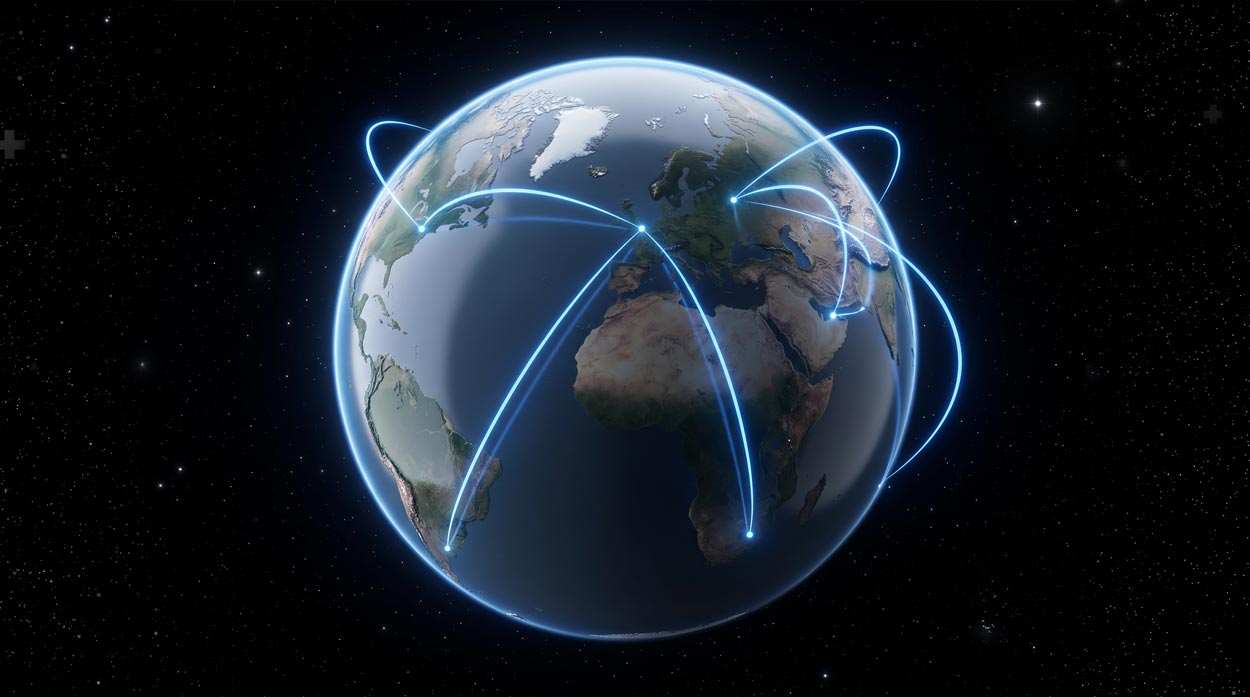 A view of Earth from space with glowing blue light beams arcing between continents and curving around the globe, representing international SIP trunking routes connecting voice networks across multiple countries and carriers