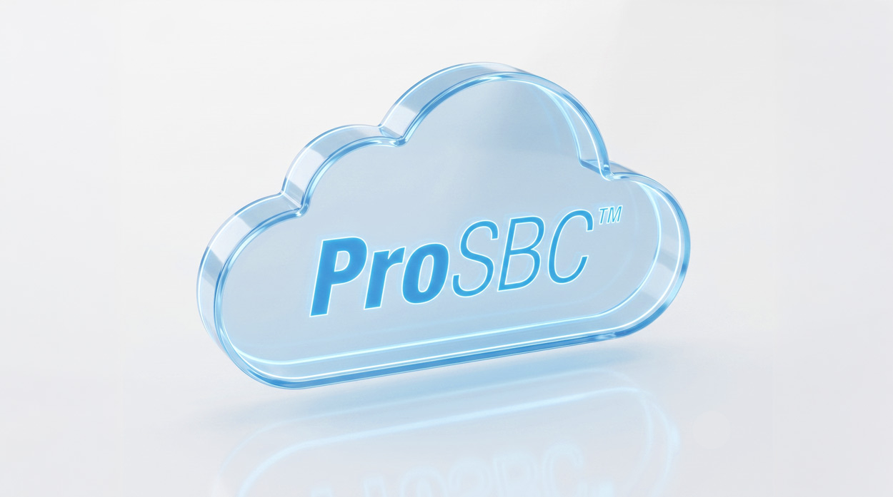 A holographic cloud shape glowing in sky blue with the ProSBC logo on its face, representing cloud-based SBC deployment and hosted voice infrastructure