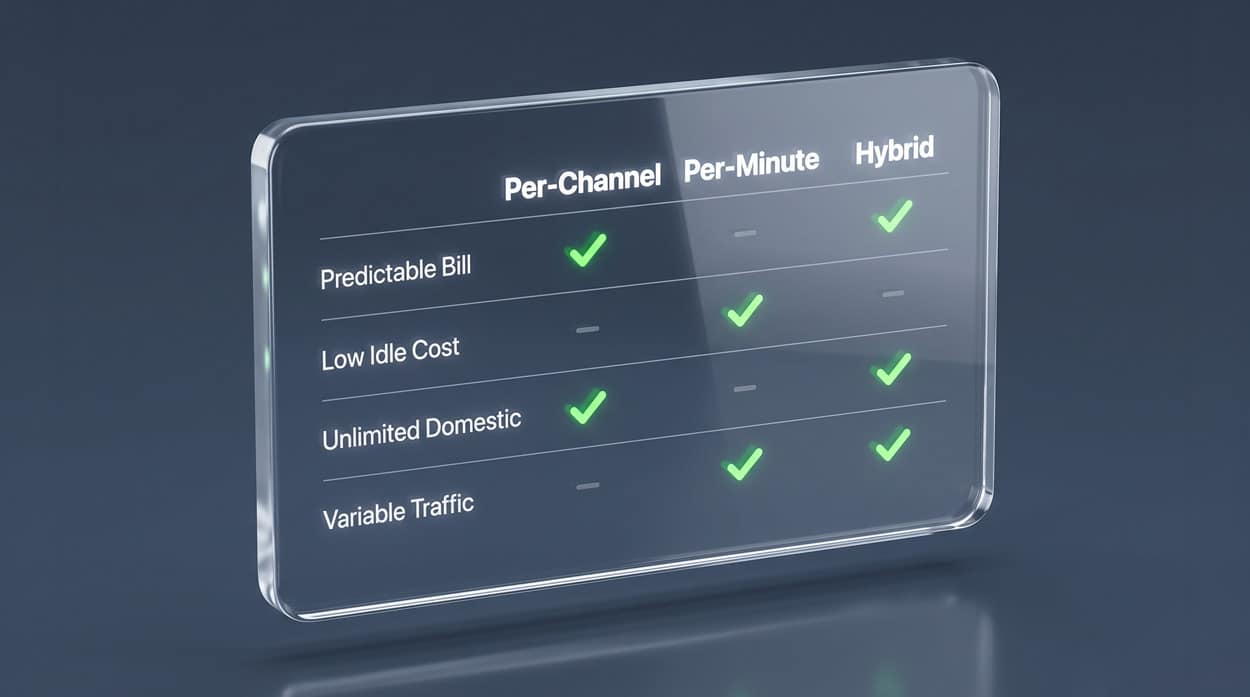 A glass comparison table displaying Per-Channel, Per-Minute, and Hybrid SIP trunk pricing models with green checkmarks showing which model suits predictable billing, low idle cost, unlimited domestic calling, and variable traffic
